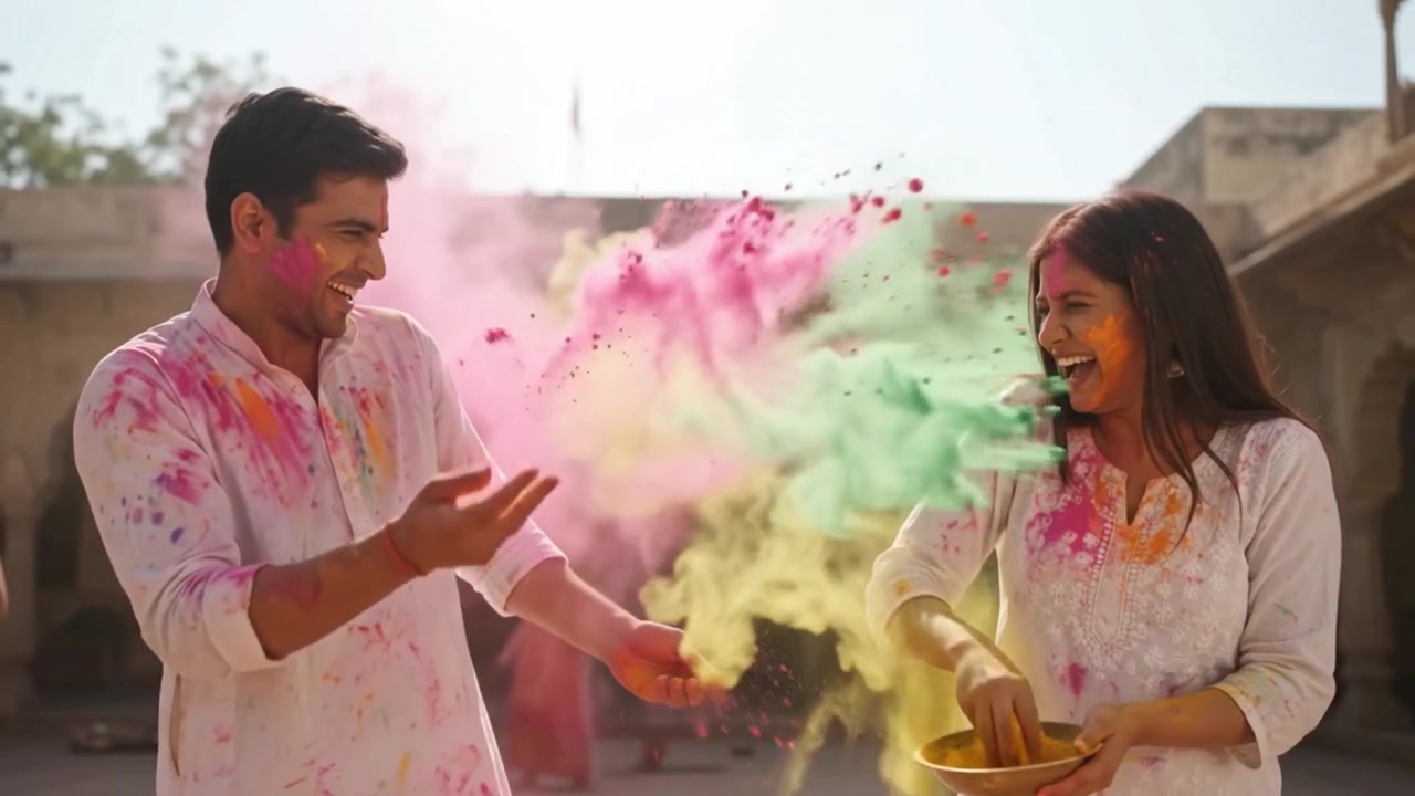 Giovane coppia indiana che celebra il festival Holi con polveri colorate