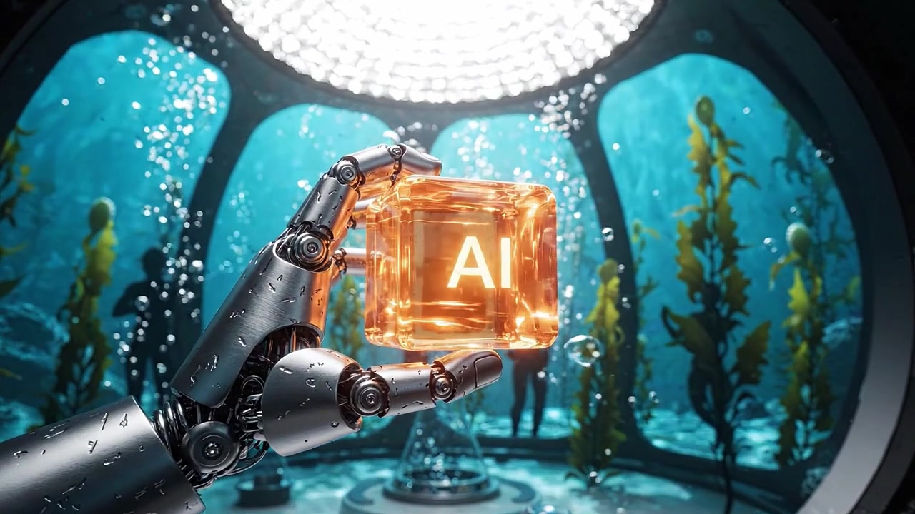 Mano robotica che tiene un cubo AI in un ambiente sottomarino, illustrando l'intersezione tra tecnologia e vita marina, catturando l'essenza dell'innovazione e della curiosità.