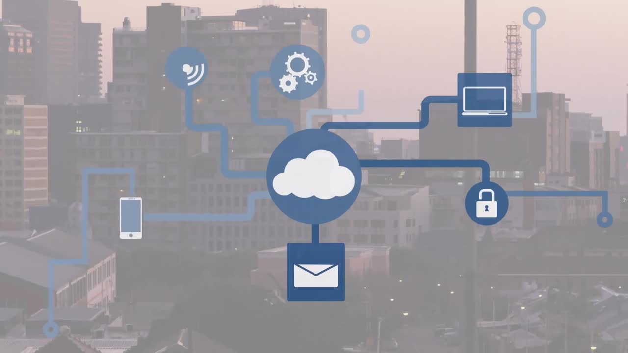 animación de iconos conectados que forman un diagrama de flujo sobre una vista aérea de la ciudad en el fondo.