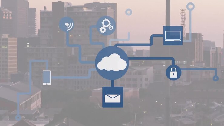 Animation of connected icons forming flow chart over aerial view of city in background
