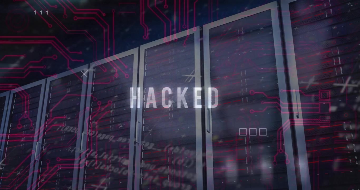 Animation of hacked text over data processing and computer motherboard and servers