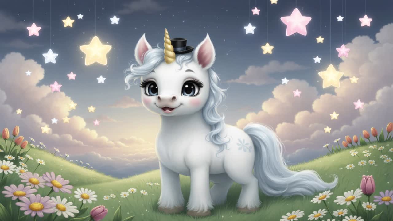 Unicornio blanco de pie con cuerno dorado, llevando sombrero de copa negro, observando estrellas que se mueven en una colina de margaritas.