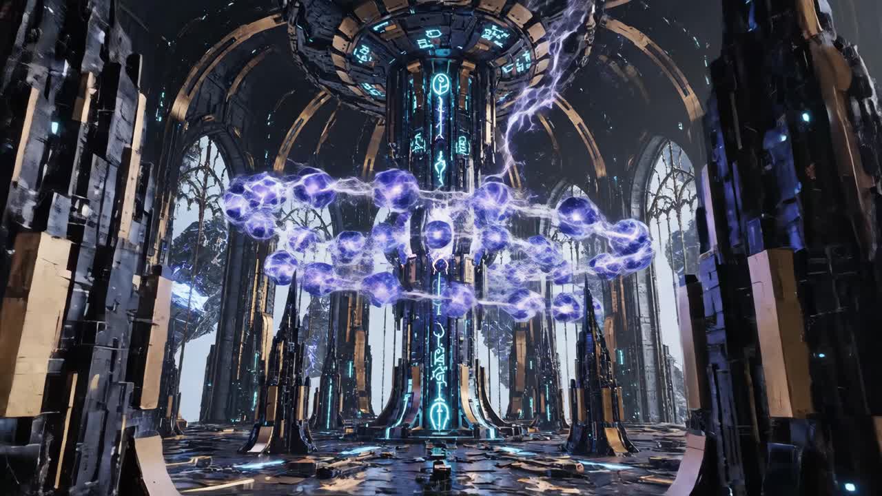 Futuristic Energy Structure with Orbs and Lightning