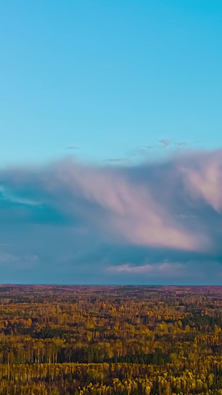 A massive storm cloud rolls over the vast golden autumn taiga forest, casting dramatic shadows across the sky