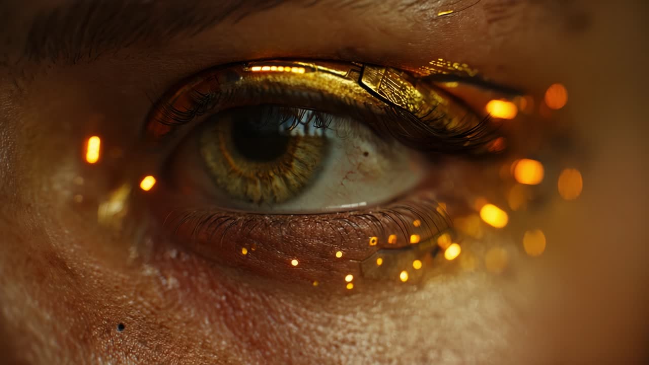 Close-up of a mesmerizing eye adorned with shimmering golden makeup and ethereal lights, showcasing intricate details and vibrant colors that captivate the viewer's attention