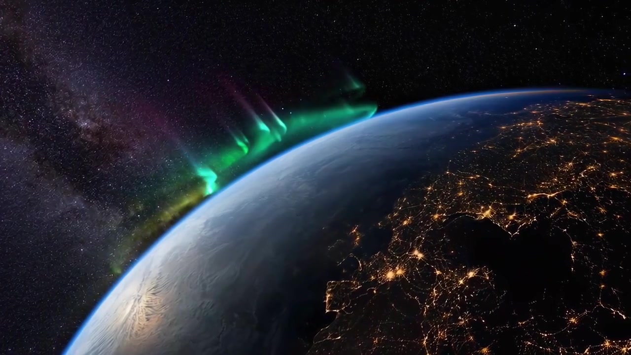 Earth from Space with Hurricane, City Lights, and Aurora Borealis