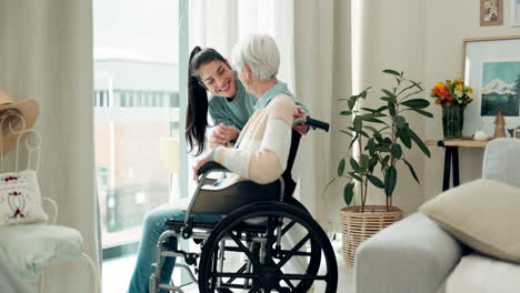 Woman,-nurse-and-wheelchair-in-elderly-care