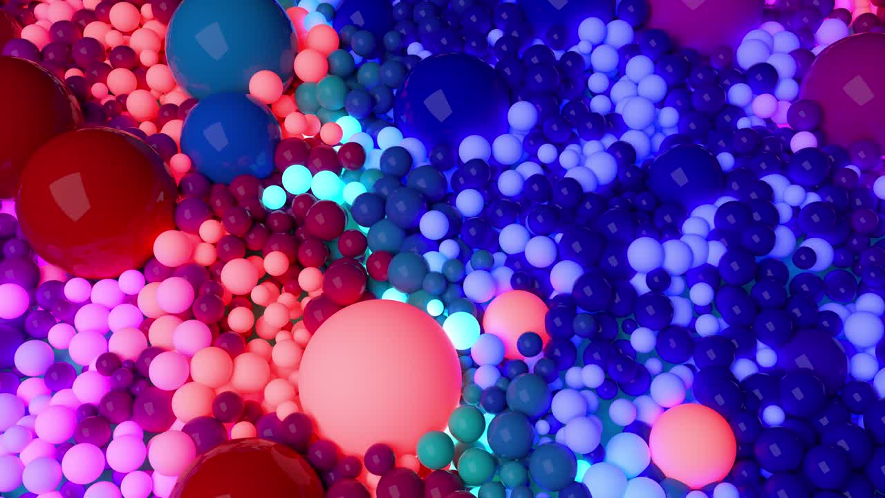 composición oscura con bolas coloridas que cubren la superficie, algunas de las cuales brillan. 3d en 4k fondo abstracto con animación fluida de esferas