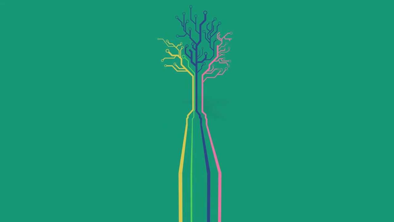 Animation of a tree made of neon, yellow, blue and pink lines on green background.