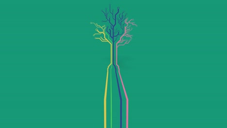 animation of a tree made of neon, yellow, blue and pink lines on green background.