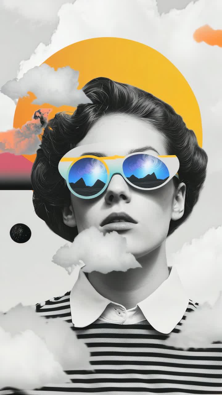 Surreal video concept with a close-up angle. A woman in sunglasses reflects abstract landscapes