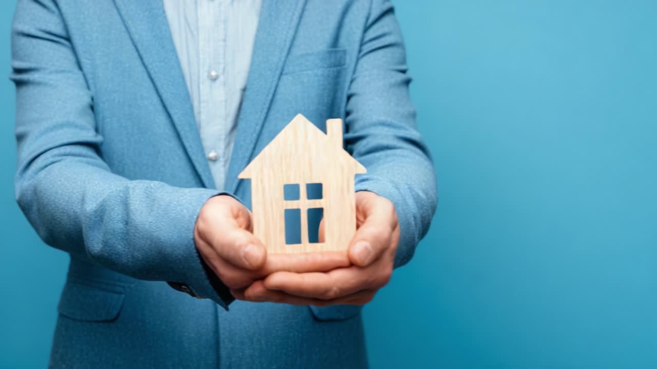 Una persona in abito blu che tiene in mano una piccola casa di legno simboleggia la proprietà della casa, la stabilità e il mercato immobiliare in un ambiente chiaro e moderno.