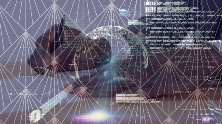 Animation of globe with connections and data over caucasian businessman writing
