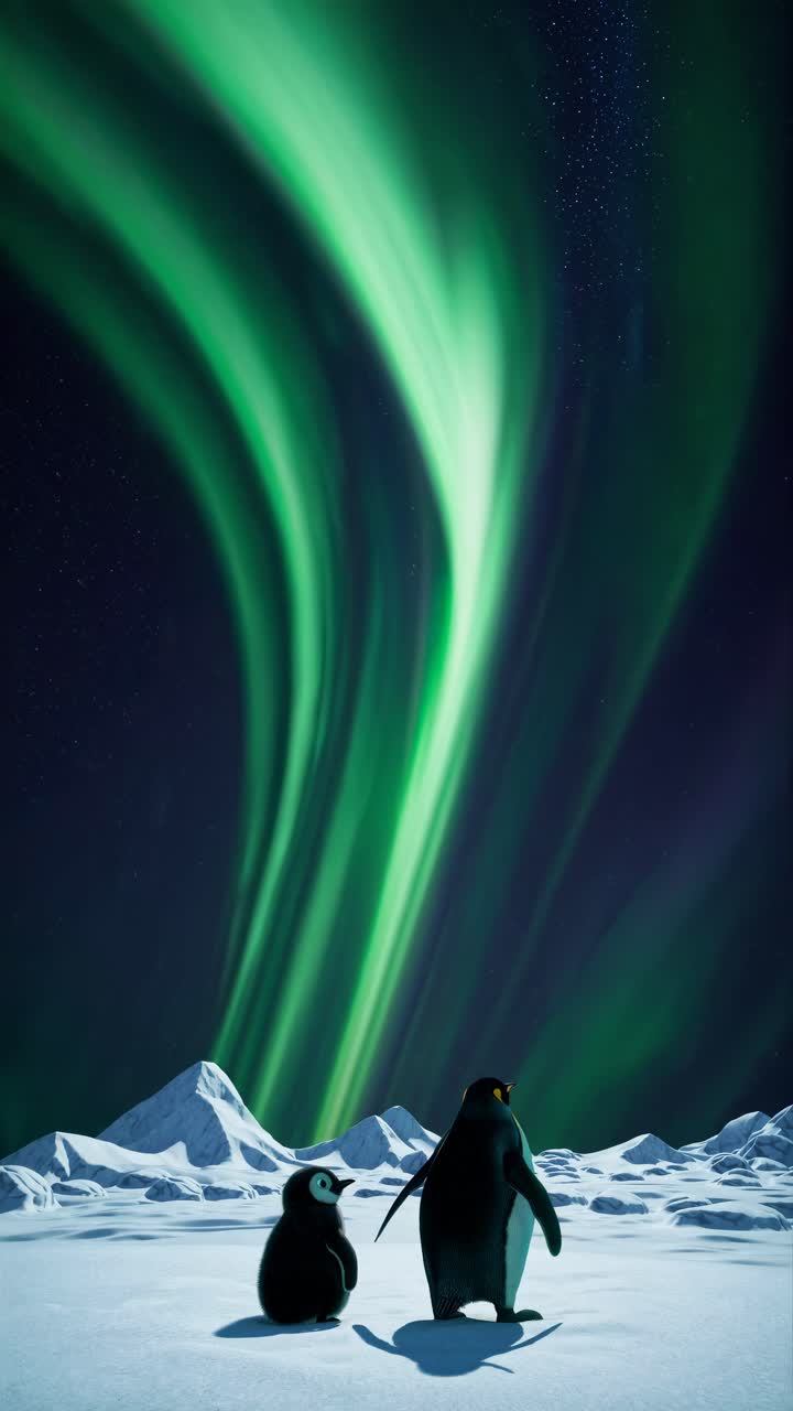 A wide-angle video shot of two penguins gazing at a starry night sky in a snowy landscape