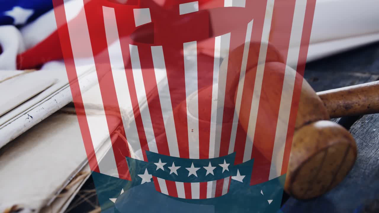 사법 및 파일 위에 미국 국기 색상의 모자 애니메이션