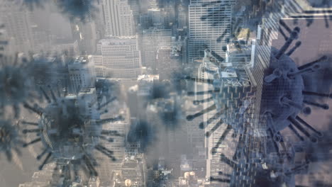 macro virus de la corona que se propaga con el paisaje urbano en el fondo