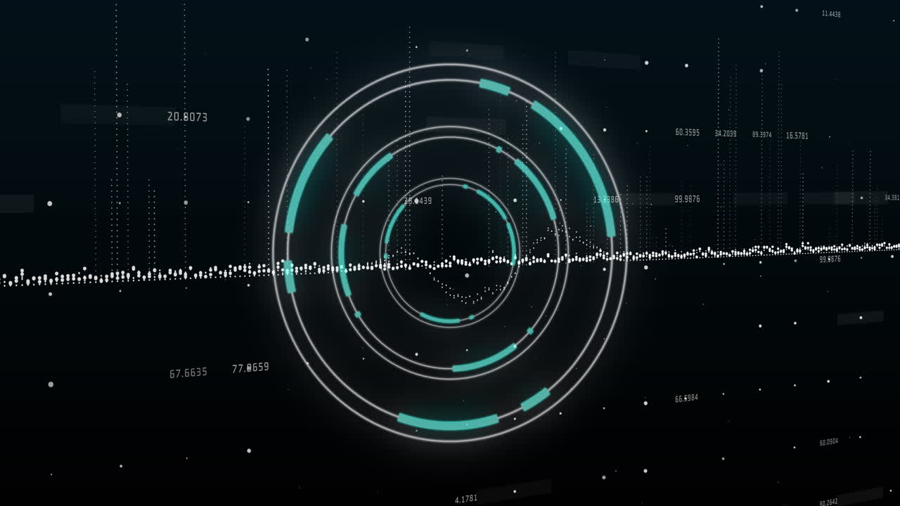 Animation of data processing and neon round scanner spinning against black background