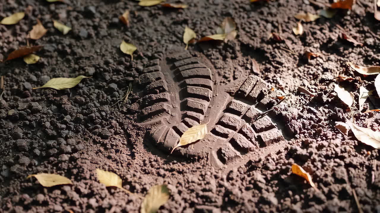 Bootprint in Dirt with Fallen Leaves
