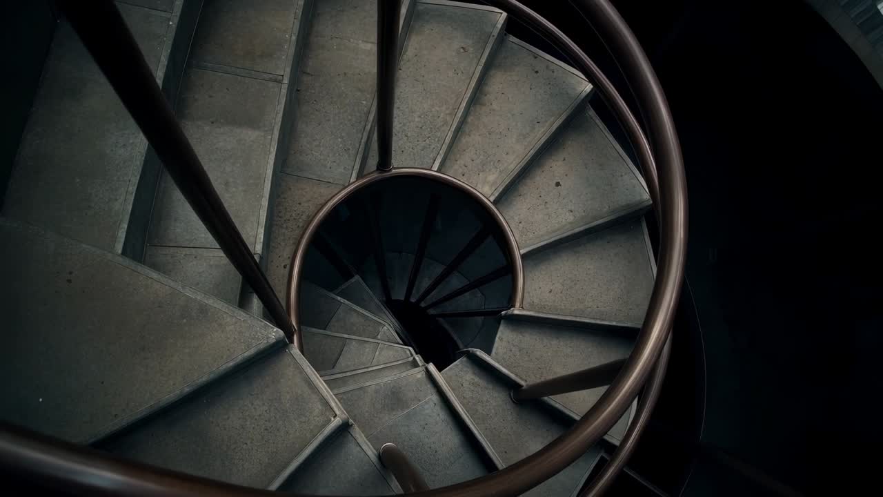 Telecamera in movimento che rivela una scala a chiocciola nel vano scale, mostrando il corrimano, i gradini usurati e il vuoto profondo