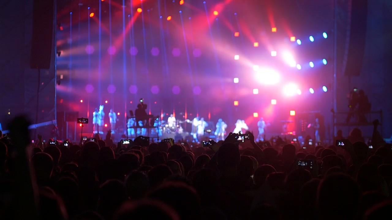 Grande folla che si gode un concerto di musica dal vivo con luci sceniche lampeggianti