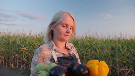 farmer with a box of fresh vegetables at sunset