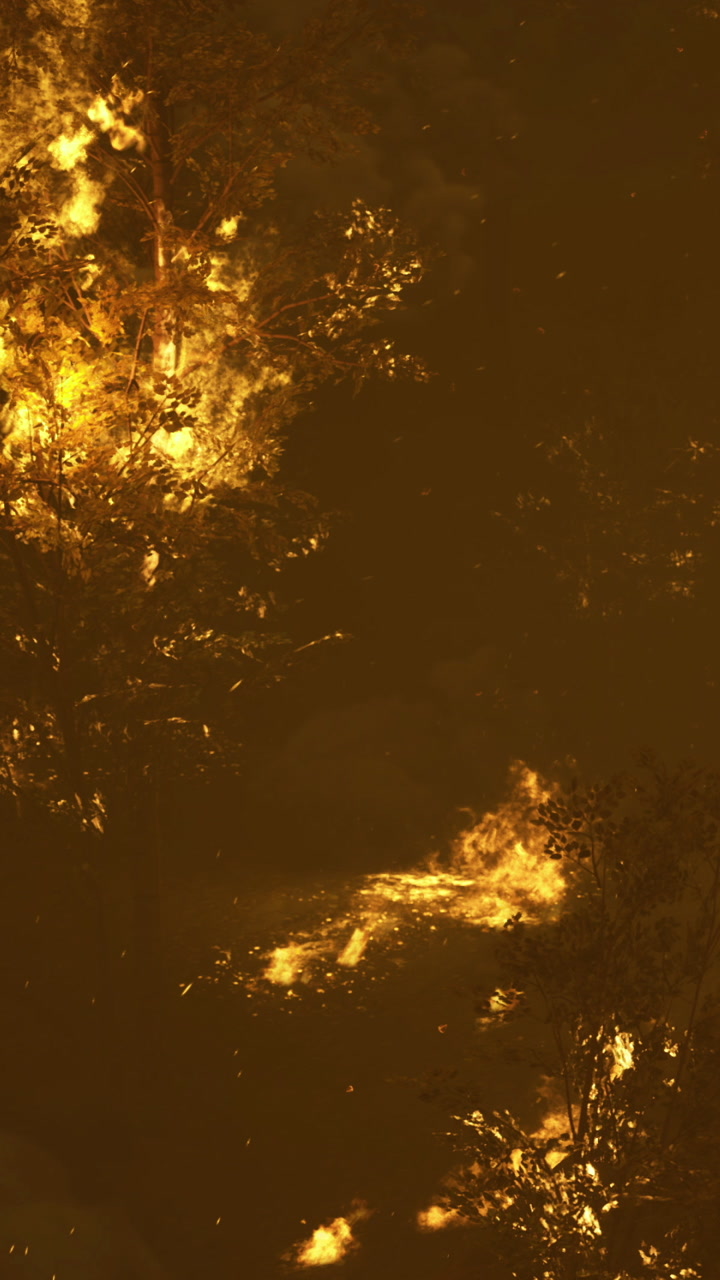 Forest engulfed in vivid flames during a fierce night fire event