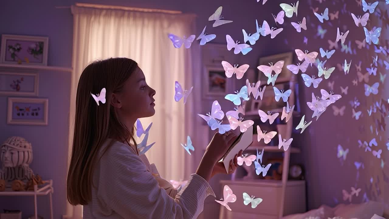 Un bambino interagisce con farfalle luminose in una camera da letto accogliente al crepuscolo