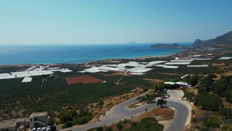 agricultural landscapes overlooking falasarna beach in chania, crete island, greece. aerial drone shot