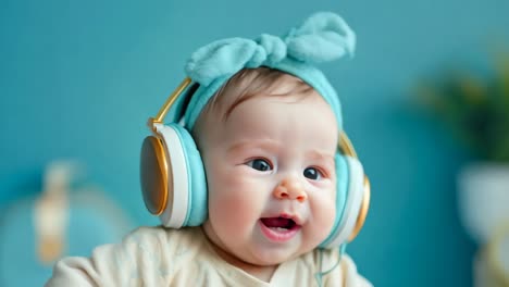 a baby wearing a blue hat and headphones on a bed