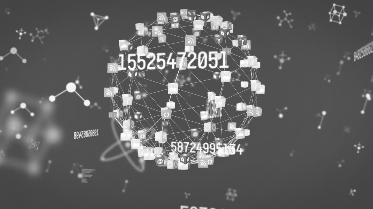 animación de un globo de conexiones y moléculas sobre un fondo negro