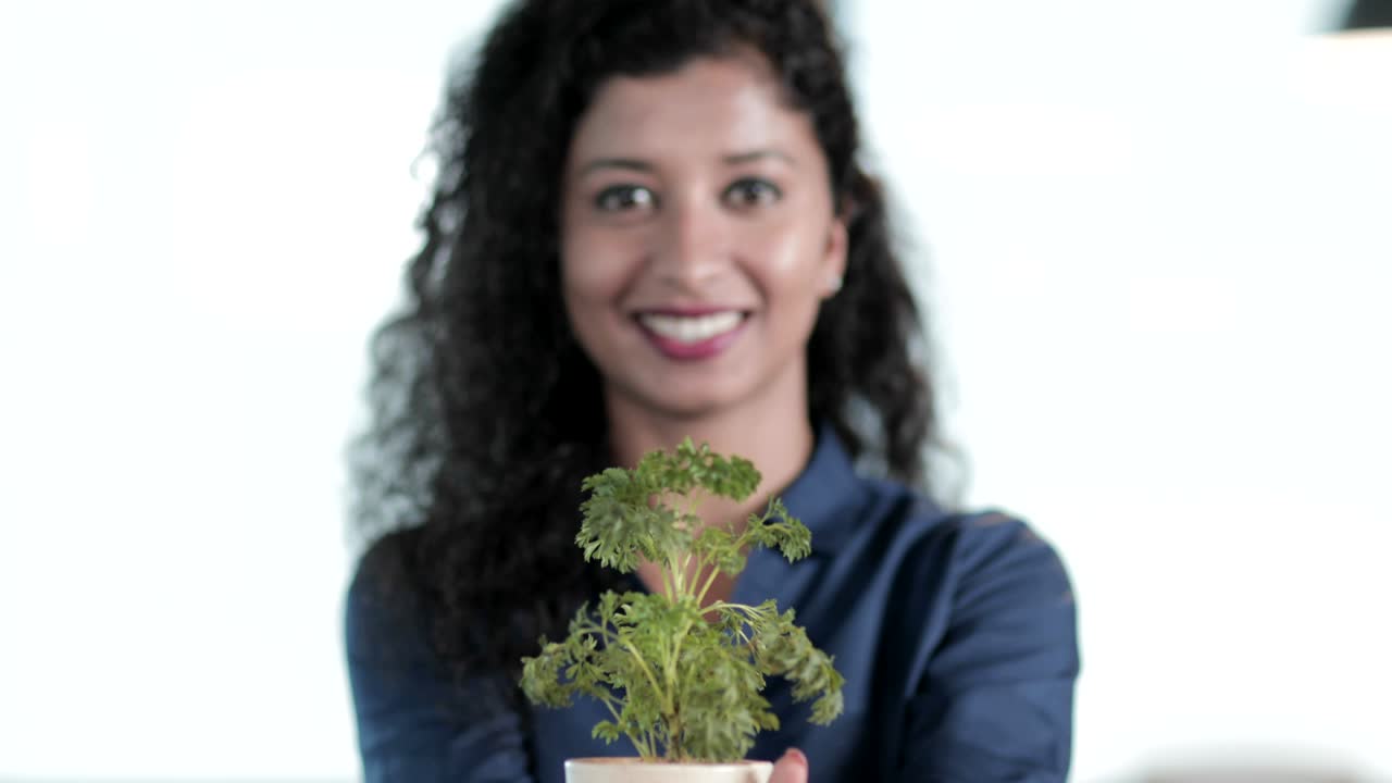 A beautiful and young good looking woman holding the small green plant in her hands and smiling in a modern corporate office space