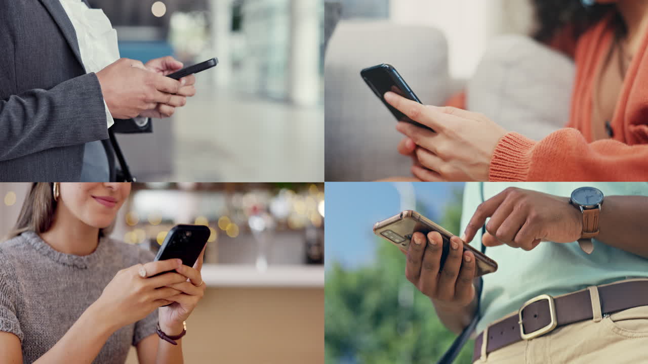 Diverse persone che usano smartphone in un collage a schermo diviso