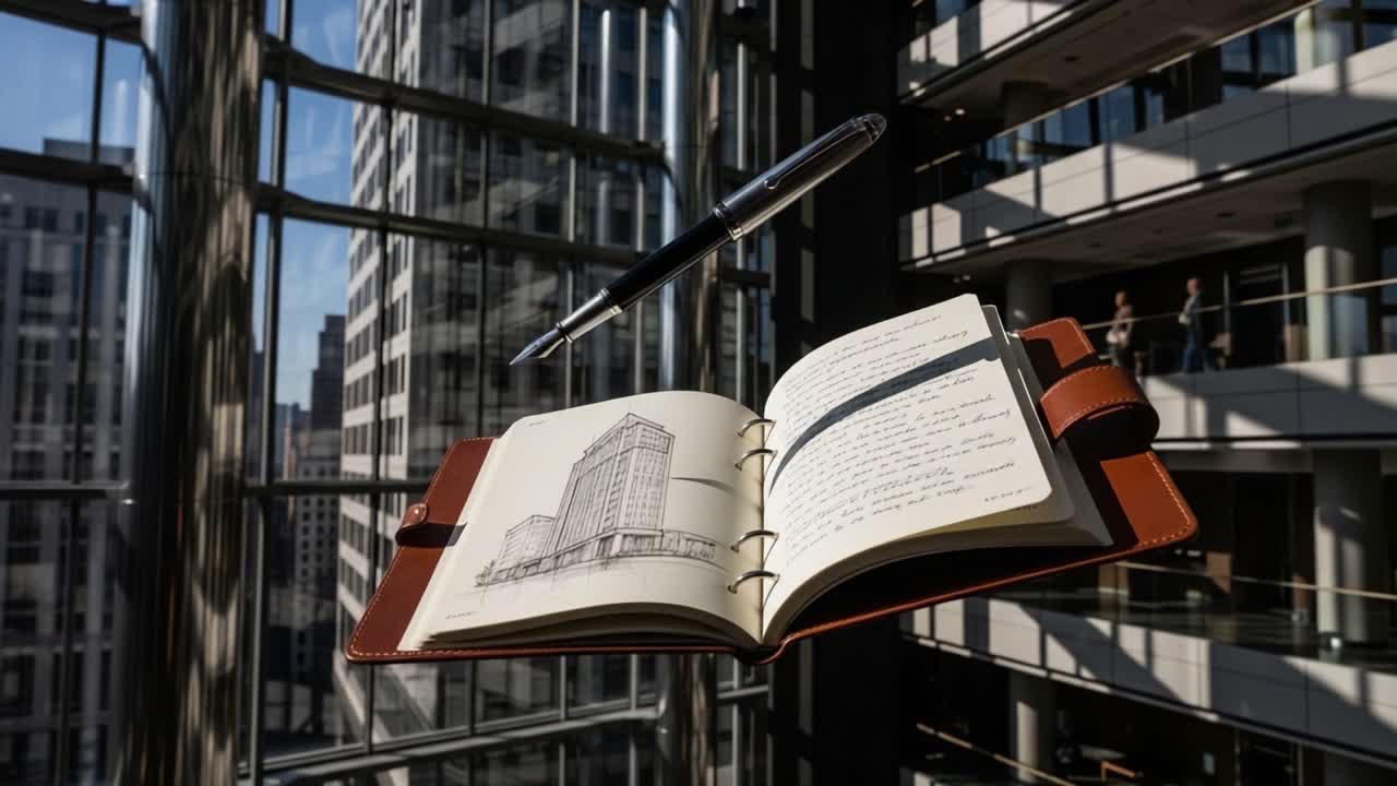 Un'area di lavoro creativa: un quaderno Levitate con schizzi e appunti in un'architettura moderna, che cattura ispirazione e idee in un ambiente vetrato di un grattacielo