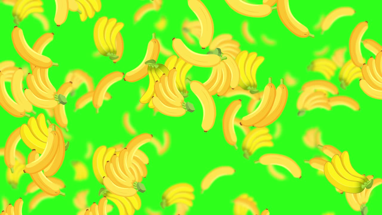 활기찬 초록색 배경에 바나나가 비를 내리고 있습니다.