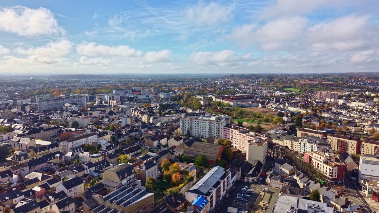 Wide aerial drone view of Le Mans, cityscape, France