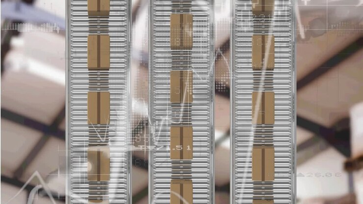 Animation of statistics processing over conveyor belts with boxes