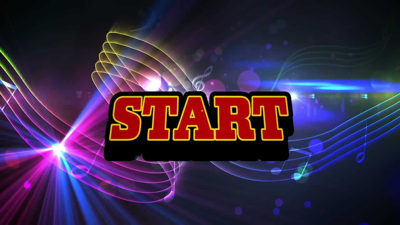 Animation of start text over neon shapes on black background