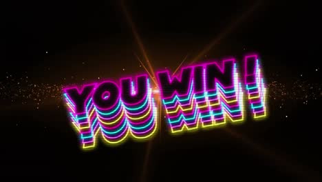 digital animation of neon you win text with shadow effect over red shining star on black background