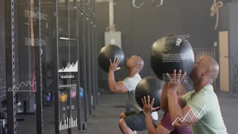 animación de procesamiento de datos y diagramas sobre diversas personas que hacen ejercicio con bolas en el gimnasio