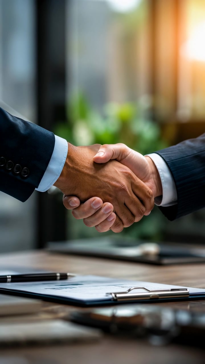 Dos profesionales se estrechan las manos a través de un escritorio en un entorno de oficina difuminado, con documentos y papeleo visibles bajo una cálida luz natural, sugiriendo un acuerdo.