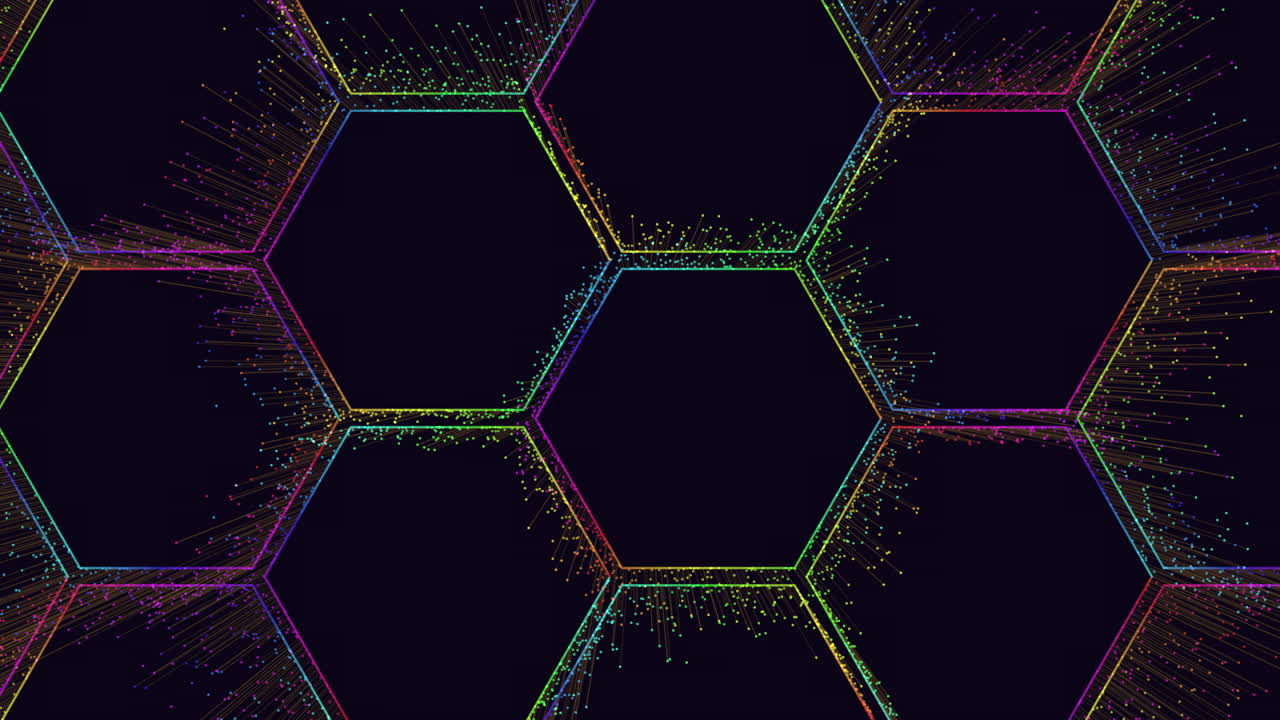patrón de hexágonos de neón del arco iris con pequeños puntos y líneas de movimiento