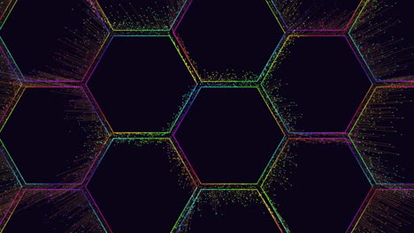 Rainbow-neon-hexagons-pattern-with-small-motion-dots-and-lines