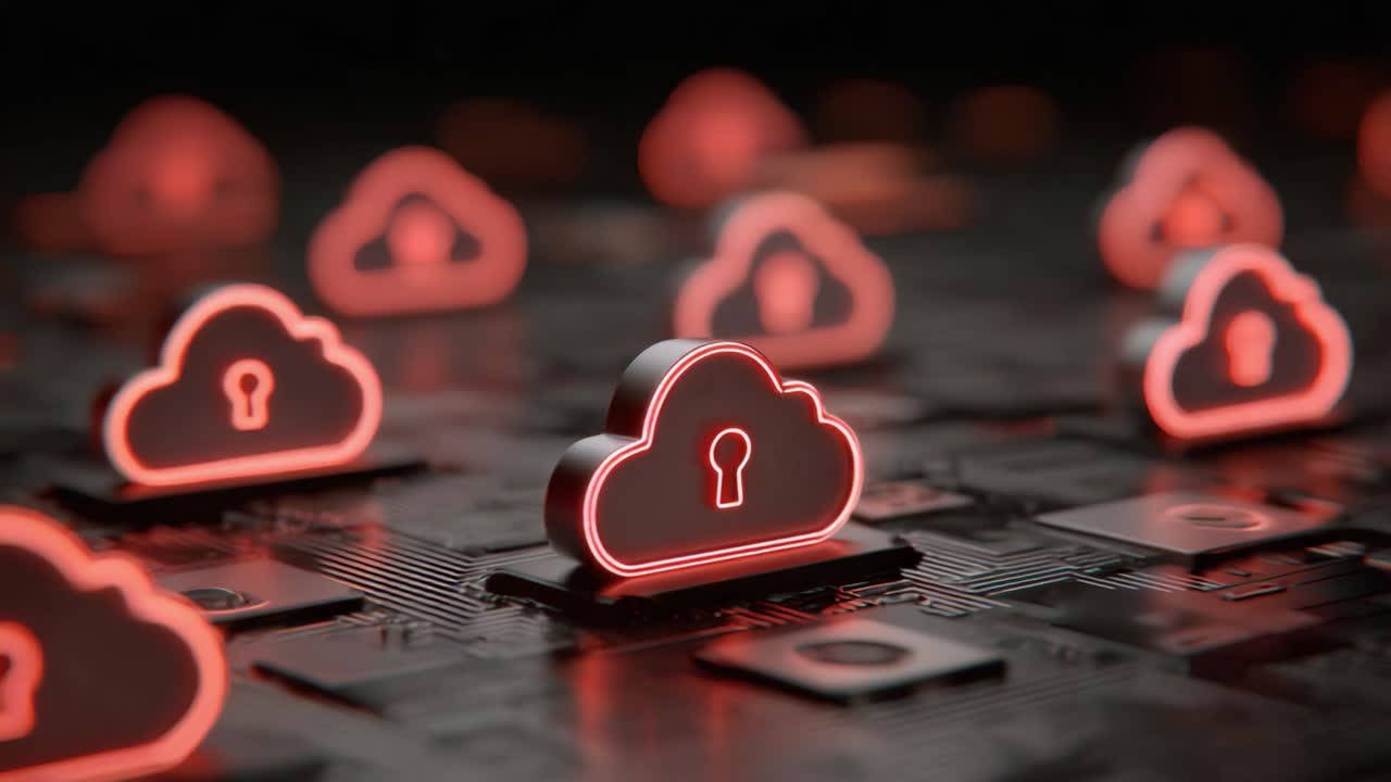 Enhanced Data Security Concept: A Close-Up View of Digitally Rendered Cloud Symbols with Lock Icons Representing Cybersecurity in Modern Technology