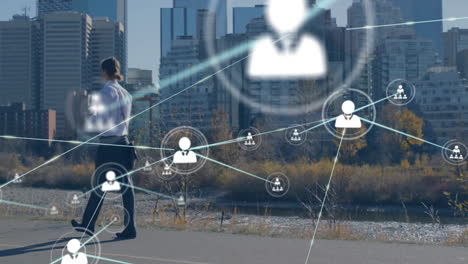 network connections animation over people walking in urban cityscape