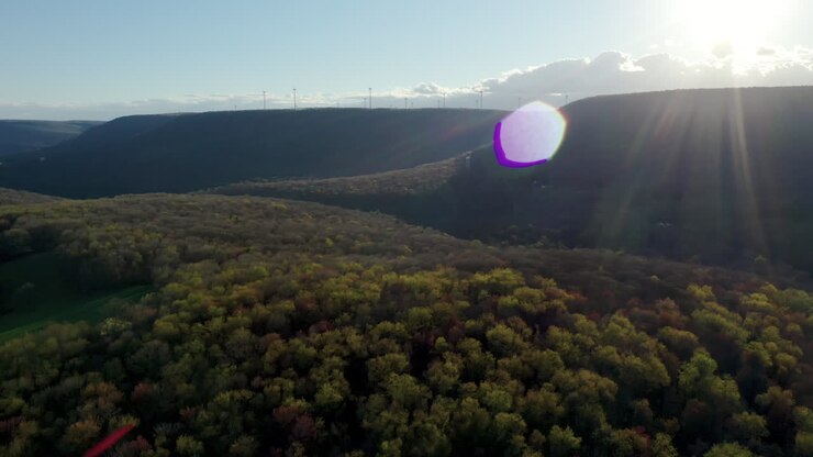 Panoramica cinematografica fluida verso una foresta verde al tramonto con turbine eoliche su montagne lontane