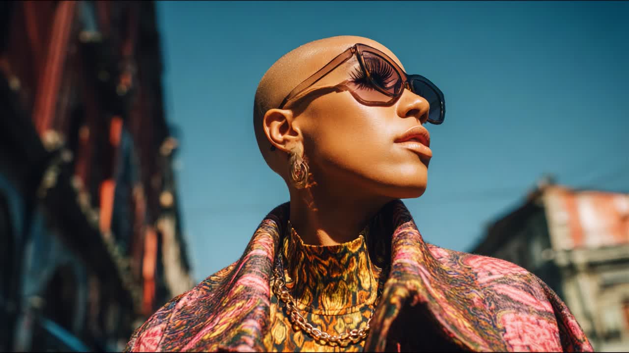 A Confident Fashionable Individual Poses Elegantly Against a Beautiful Sunny Sky in a Trendsetting Outfit, Emphasizing Unique Style, Strong Presence, and Stunning Accessories that Perfectly Complement Their Look