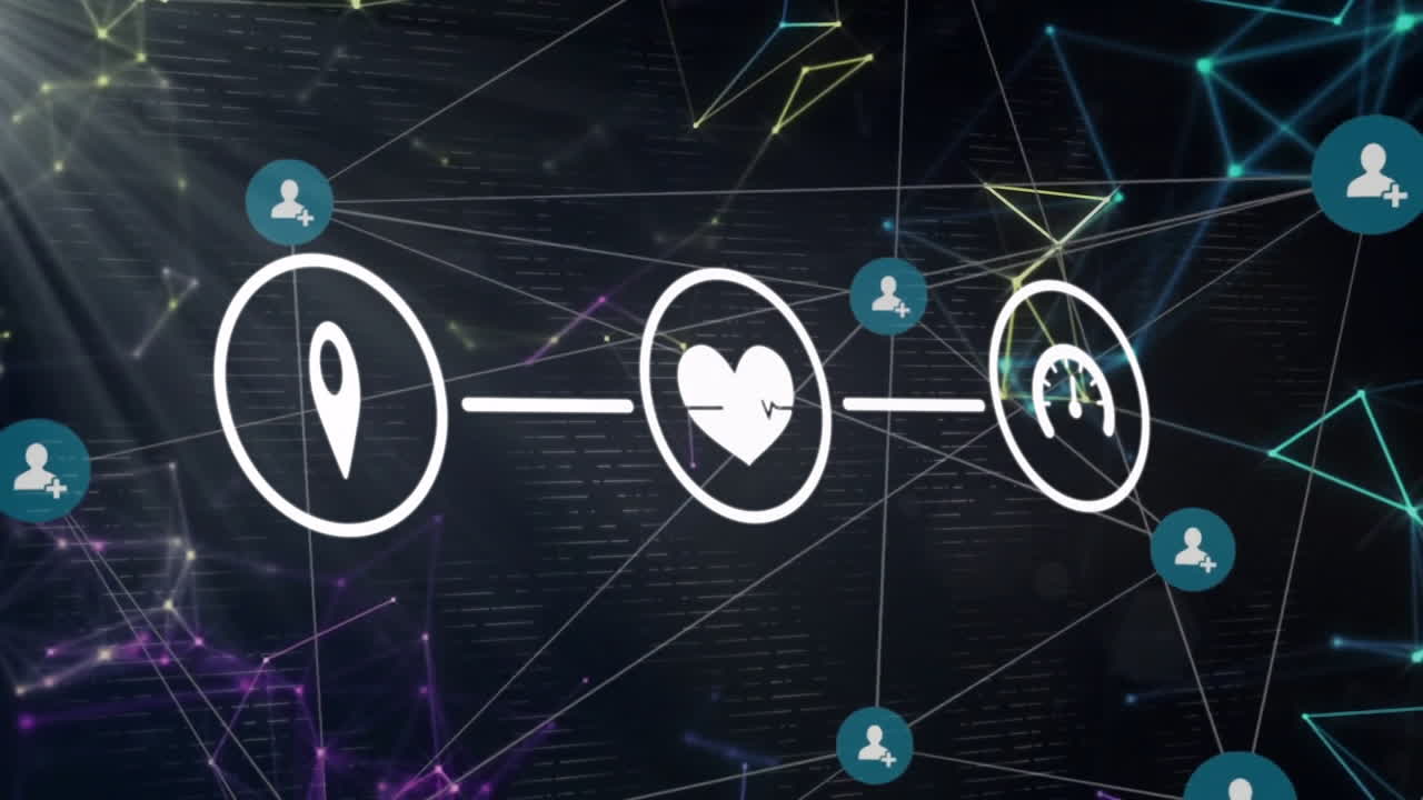 어두운 배경 위에 아이콘으로 연결 네트워크의 애니메이션