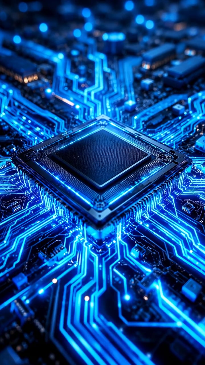 Macro close-up of square microprocessor seated on printed circuit board, visible activation shown by neon-blue conductive traces brightening across copper pathways while intense vertical blue beam