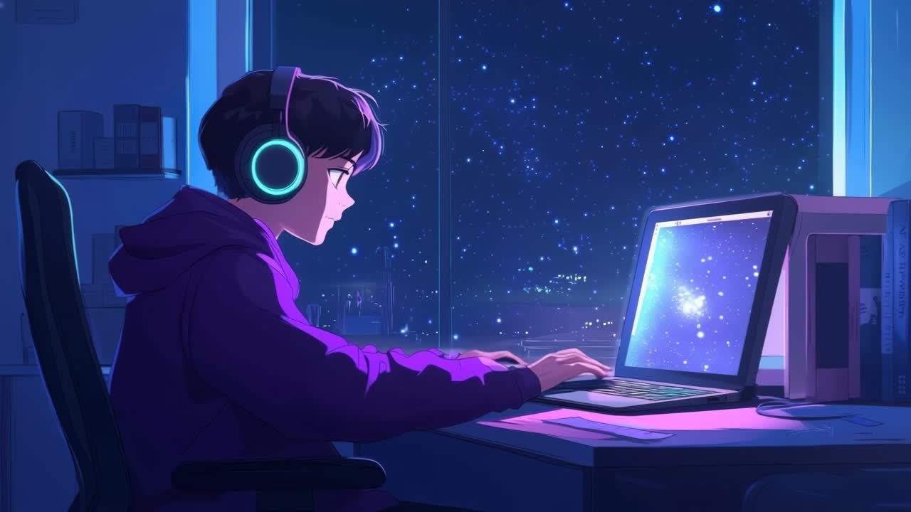 A digital art scene of a person with headphones, focused on a laptop