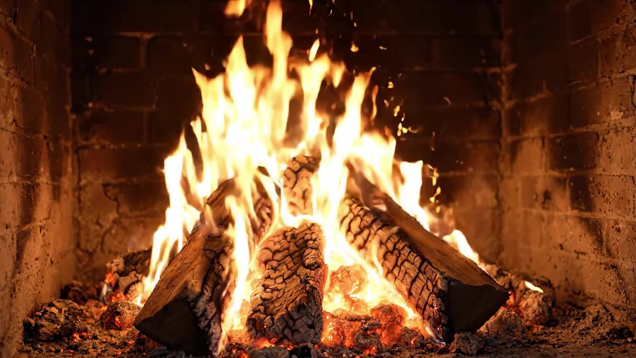 Un focolare accogliente: Fiamme affascinanti danzano attorno ai ceppi in un camino caldo, creando atmosfera e comfort in un ambiente rustico pieno di luce e calore